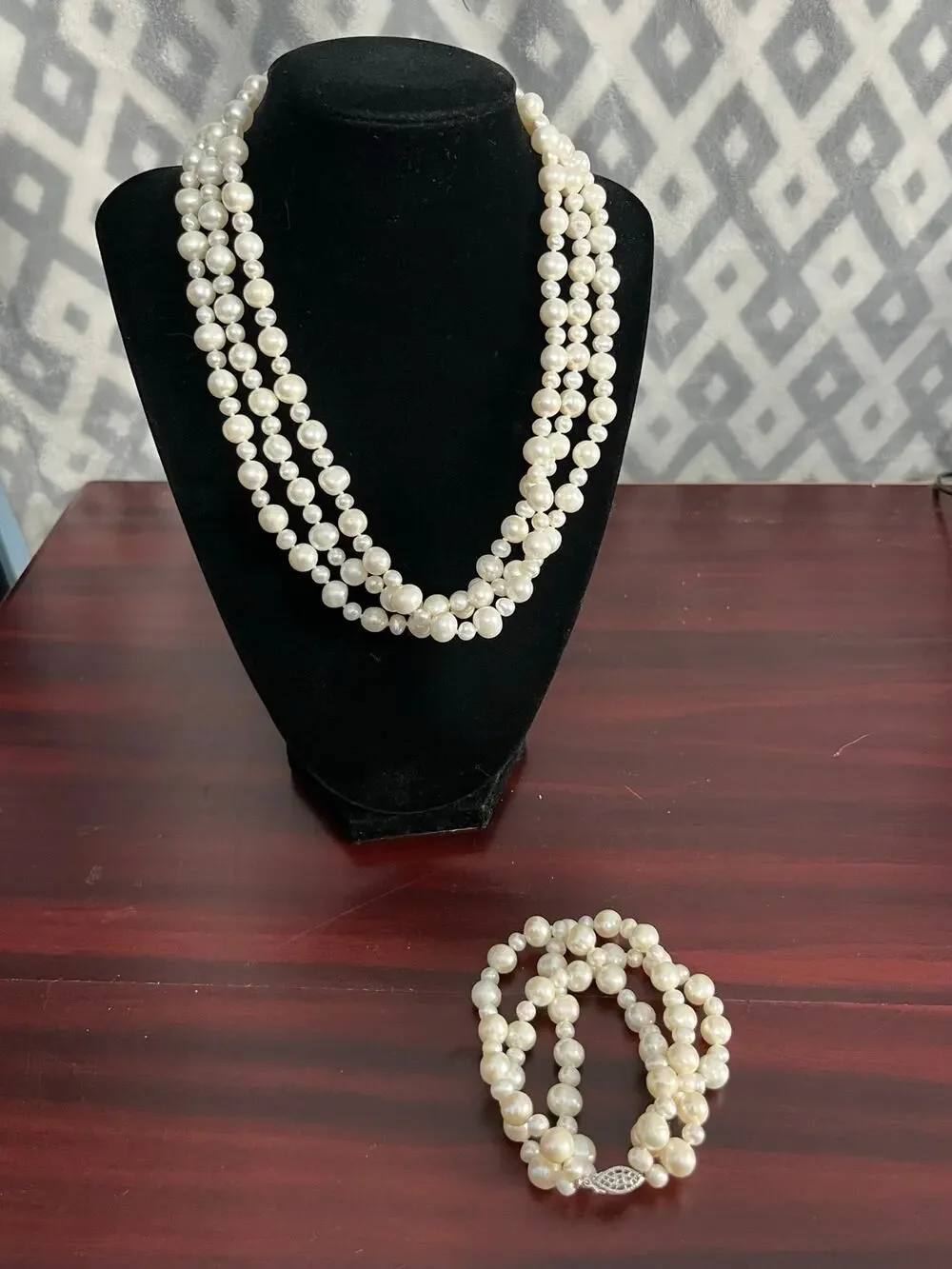 VTG Wedding Pearl Necklace & Bracelet Sterling Silver Filigree Clasp Coquette